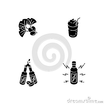 Caffeinated drinks black glyph icons set on white space Vector Illustration