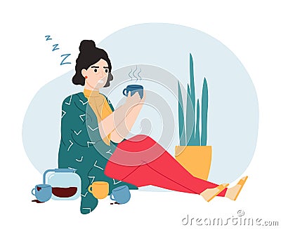 Caffeine addiction. Sleepy and tired woman with caffeine dependence, abnormal behaviour and unhealthy lifestyle concept Vector Illustration