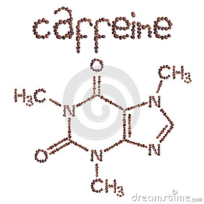 Caffeine chemical molecule structure. The structural formula of caffeine with dark brown coffee beans. Stock Photo