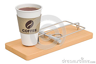 Caffeine dependence concept. Disposable cup of coffee in mousetrap, 3D rendering Stock Photo