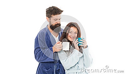 Caffeine power concept. With coffee morning tastes better. Couple relax in morning with coffee. Couple enjoy lazy Stock Photo