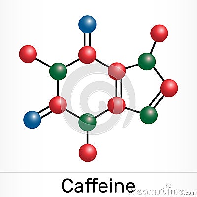 Caffeine, purine alkaloid, psychoactive drug molecule. Paper packaging for drugs Vector Illustration