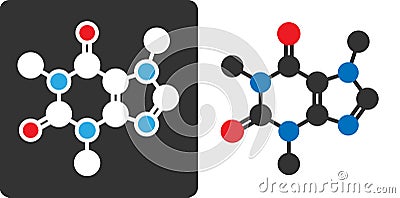Caffeine stimulant molecule, flat icon style. Stylized rendering. Atoms shown as color-coded circles (oxygen - red, nitrogen - Vector Illustration
