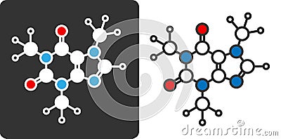 Caffeine stimulant molecule, flat icon style. Stylized rendering. Atoms shown as color-coded circles (oxygen - red, nitrogen - Vector Illustration