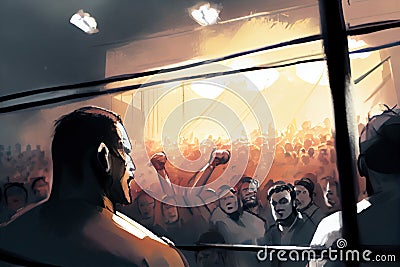 cage fight arena, with audience cheering and shouting, close-up view Stock Photo