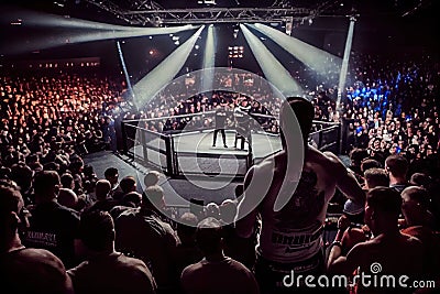 cage fight arena with packed crowd, cheering on their favorite fighter Stock Photo