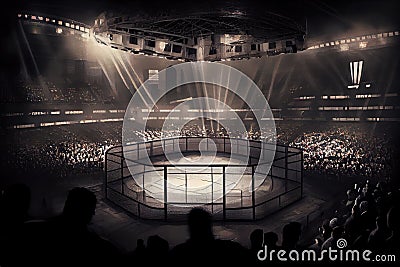 cage fight arena with view of the city skyline, surrounded by crowds of fans Stock Photo