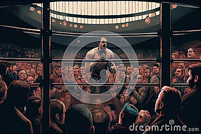 cage fight, with crowd of bloodthirsty spectators, cheering on their favorite fighter Stock Photo