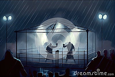 cage fight in the rain, with lightning bolts striking the cage Stock Photo