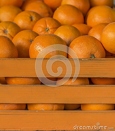 Oranges in the orange crate. Cage full of oranges Stock Photo