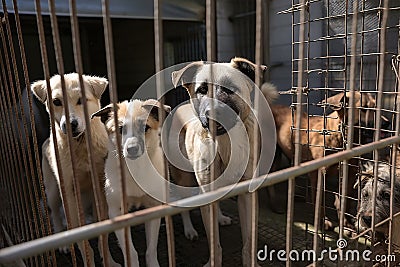 Caged stray dogs at a local kennel. Ai generated Stock Photo