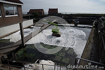 Cages filled with fresh oysters at an oyster farm being aereated with oxygen Stock Photo