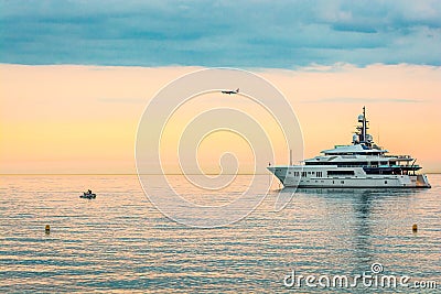 Cagnes sur Mer, France - June 20, 2018. Luxury boat anchored in Mediterranean Sea Editorial Stock Photo