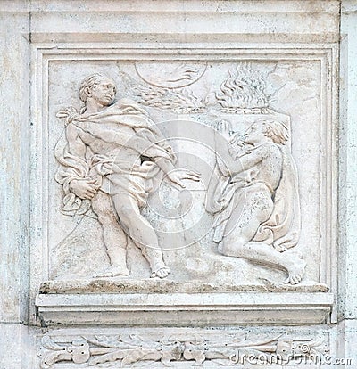 Cain and Abel sacrifices, Genesis relief on portal of Saint Petronius Basilica in Bologna Stock Photo