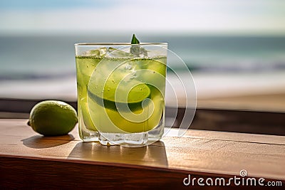 Caipirinha cocktail on a wooden table with a mesmerizing sea, beach background, evoking relaxing, tropical paradise vibe Stock Photo