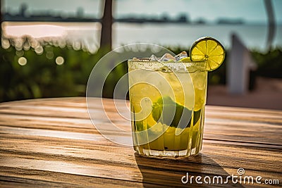 Caipirinha cocktail on a wooden table with a mesmerizing sea, beach background, evoking relaxing, tropical paradise vibe Stock Photo