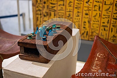 Cairo Egypt December 2021 Ancient Egyptian board game Senet, played in the ancient times and still today. Blue stone figurines Editorial Stock Photo