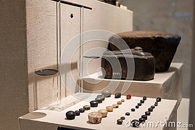 Cairo Egypt December 2021 Ancient stone and metal weights used by the Ancient Egyptians for measurement Editorial Stock Photo