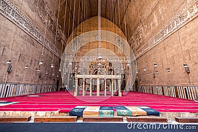 18/11/2018 Cairo, Egypt, interior of the main hall for the prayers of the ancient and largest mosque in Cairo with many elements Editorial Stock Photo