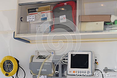 Cairo, Egypt, June 17 2023: Interiors of a fully medically equipped ambulance vehicle with ventilator, oxygen cylinder, emergency Editorial Stock Photo