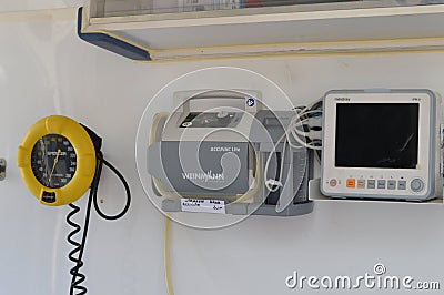 Cairo, Egypt, June 17 2023: Interiors of a fully medically equipped ambulance vehicle with ventilator, oxygen cylinder, emergency Editorial Stock Photo