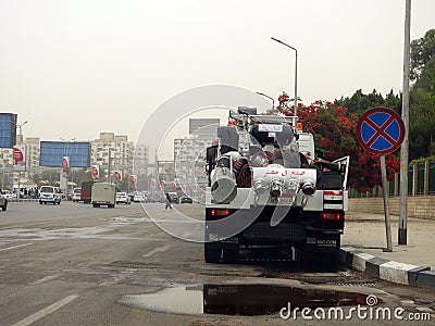 Cairo, Egypt, June 1 2023: large drainage pump vehicles ready to drain expected heavy rain that may flood the streets, equipped Editorial Stock Photo