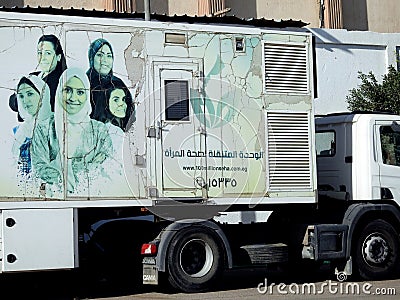 Cairo, Egypt, March 16 2023: The mobile unit for Egyptian women health with a mamogram device for early detection of breast cancer Editorial Stock Photo