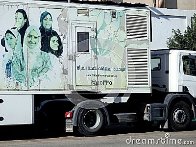 Cairo, Egypt, March 16 2023: The mobile unit for Egyptian women health with a mamogram device for early detection of breast cancer Editorial Stock Photo