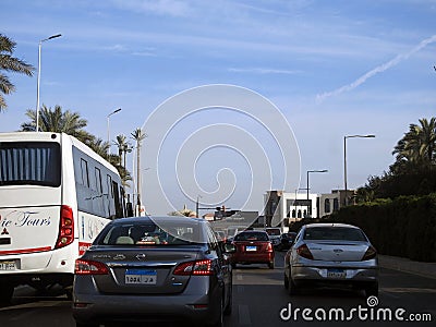 Cairo, Egypt, March 8 2023: Traffic signals in Egyptian streets, highway road car mobility and jam concept, streets of Cairo and Editorial Stock Photo