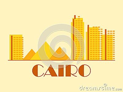Cairo landscape in vintage style. Retro banner of Cairo with ancient Egyptian pyramids and houses in linear style. Design for Vector Illustration
