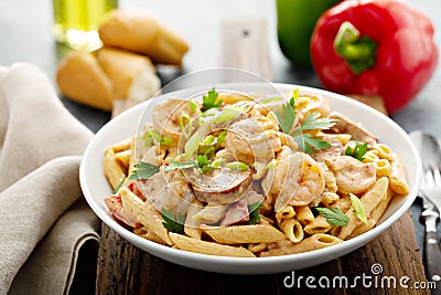 Cajun shrimp and sausage pasta Stock Photo