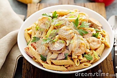 Cajun shrimp and sausage pasta Stock Photo