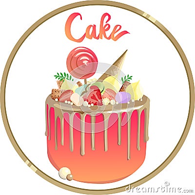 Beautiful cake with gold toppings and pink cream. Logo for bakery Stock Photo