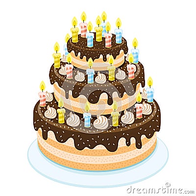 Beautiful sweet cake with candles. Vector Illustration