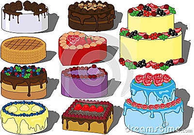 Cream cakes vector set, fruit, chocolate, nuts, honey cakes Stock Photo