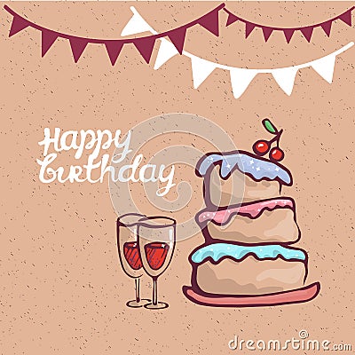 Cake , glasses, Happy Birthday. Handwritten vector calligraphy Vector Illustration