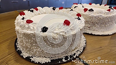 cake baking with white cream and fruit decoration, food dessert holiday Stock Photo