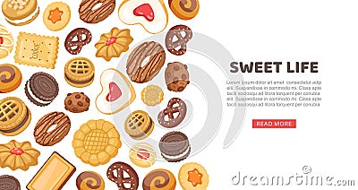 Cake banner, sweet life vector illustration. Cookie, cupcake sweet food pastry, delicious design web page. Sugar dessert Vector Illustration