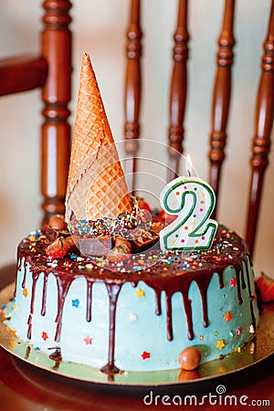Cake: Birthday Cake With Candles For 2nd Birthday Stock Photo