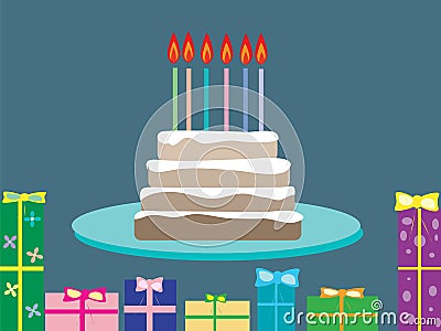 Cake birthday gifts holiday candles 6 years old Vector Illustration