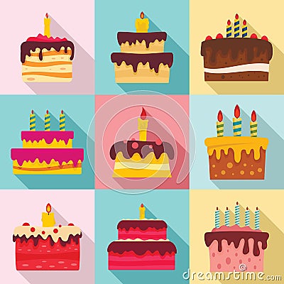 Cake birthday icon set, flat style Vector Illustration