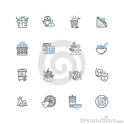 Cake boutique line icons collection. Sweet, Decadent, Delicious, Indulgent, Artistic, Unique, Stylish vector and linear Vector Illustration