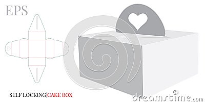 Cake Box with Handle Heart Template, Vector with die cut / laser cut layers. Delivery Cake Box, Self lock Box Vector Illustration