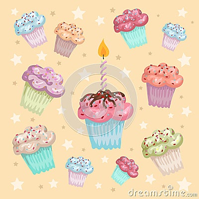 Cupcakes and muffins. Colorful cupcake isolated for food poster design Vector Illustration