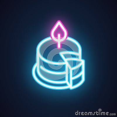 Cake with candle neon icon. Holiday and party symbol. Sweet dessert logo. Birthday bakery. Vector food Vector Illustration