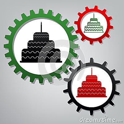 Cake with candle sign. Vector. Three connected gears with icons Vector Illustration