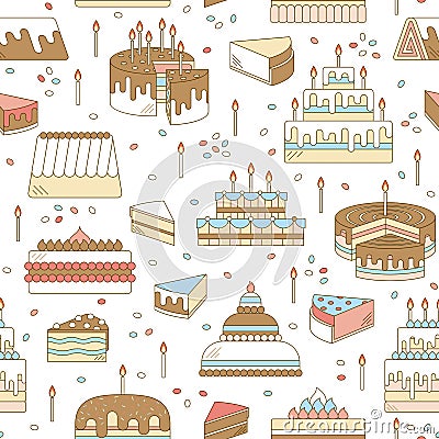 Cake with candle vector icon line seamless pattern. Sweet dessert illustration. Happy birthday wedding party celebration Vector Illustration