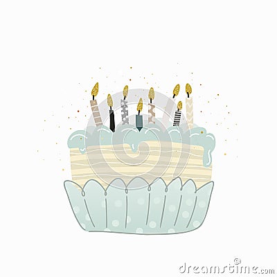 Cake with candles. Anniversary celebration. Vector for design t-shirts typography cards and posters. Vector Illustration