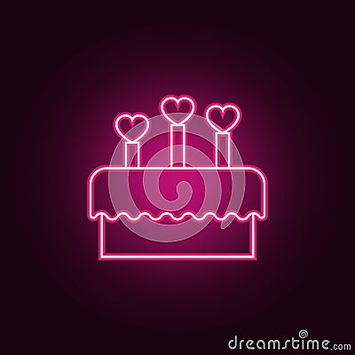 cake with candles in the form of hearts icon. Elements of Valentine in neon style icons. Simple icon for websites, web design, Stock Photo