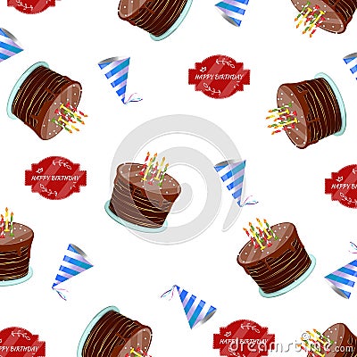 Cake, candles. Vector. Bright birthday pattern. Vector Illustration